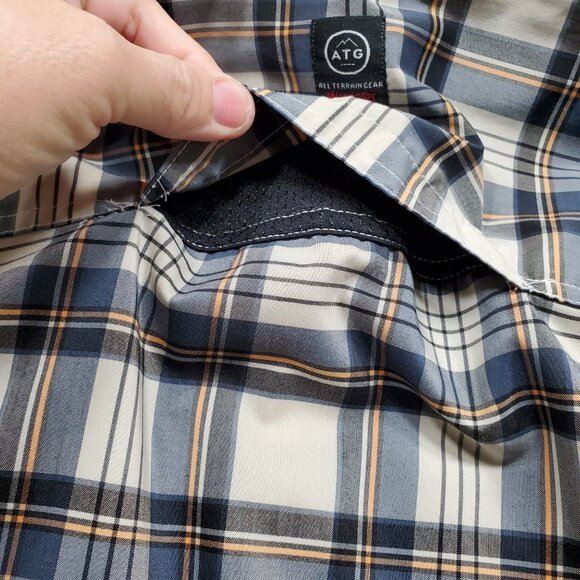 Wrangler ATG Button Up Long Sleeve Outdoorsman Plaid Shirt Black Tan Men Sz L - Picture 11 of 14